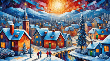 cubism painting of vibrant cozy winter Christmas eve