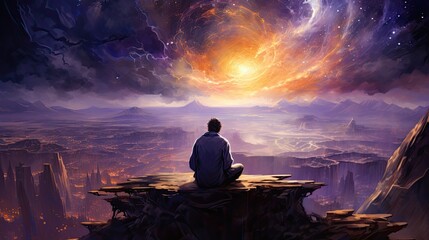 Obraz premium Person sitting on top of mountain in magical background