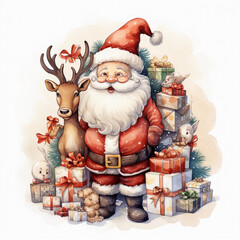 Santa Claus cartoon Comes with reindeer There are many gifts, Christmas tree, white background