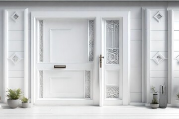 3D, White front door with small square decorative windows