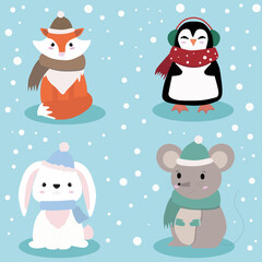 Cute Christmas set with penguine, fox, bunny, mouse. 