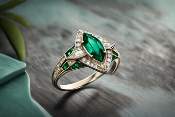  elegant vintage-inspired, cocktail ring with an art deco design, showcasing a marquise-cut emerald as the centerpiece