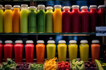 Colorful smoothies on shelves in a supermarket. Selective focus. - obrazy, fototapety, plakaty