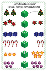 Match each dice to its corresponding number of item on Hungarian. Illustration teach mathematics. Sheet training for children in mathematics. Learning to count