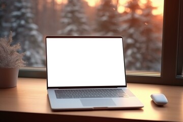 Obraz premium Mockup of a modern laptop screen on a table in a stylish minimalist interior. Cozy winter snowy season. 