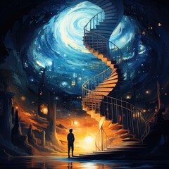 Spiral staircase in magical background