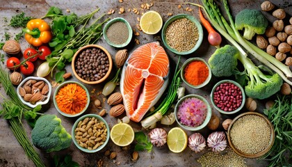 Brain health food nutrition concept with fish, vegetables, seeds, pollen grain and herbs