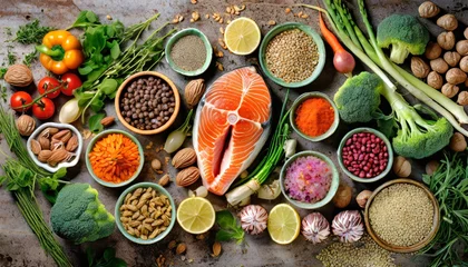 Fotobehang Brain health food nutrition concept with fish, vegetables, seeds, pollen grain and herbs © CreativeStock