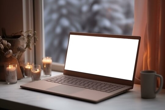 Mockup of modern laptop screen on table. Cozy winter snowy season.
