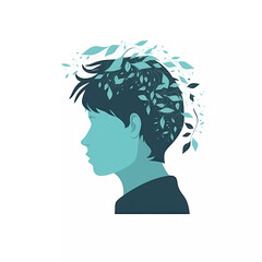 Silhouette of boy with flowers on head,mental health concept.flat vector illustration.