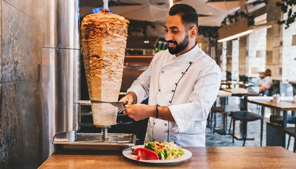 Doner chef cutting a piece from a big doner kebab in a restaurant - obrazy, fototapety, plakaty