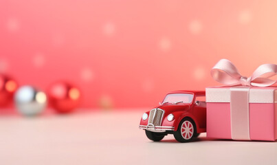 Small luxury gift box with a pink bow near retro toy car. Side view. Fathers, Women or Valentines day gift. Corporate gift concept or birthday party. Festive sale delivery. Christmas greeting card.