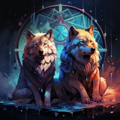 Two wolves sitting in a dream catcher