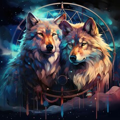 Two wolves sitting in a dream catcher