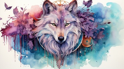 Wolf with flowers and leaves on a watercolor background