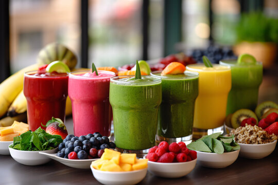 Glasses with different healthy smoothies on wooden table, closeup. Variety of fresh fruit juices on a wooden background. Selective focus.