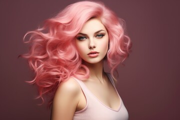 Fototapeta premium a macro close-up studio fashion portrait of a face of a young woman with perfect skin, short pink hair and immaculate make-up. Pink background. Skin beauty and hormonal female health concept