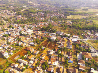 Drone Photography. Aerial Landscape Dense Residential Housing in the countryside of Bandung City - Indonesia. Aerial Photography. Top view