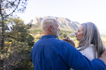 Happy senior caucasian couple drinking wine on balcony