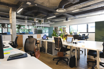 Empty creative office with plants in pots, computer and laptops with data on screen