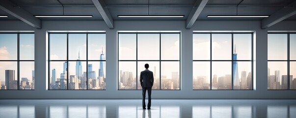Executive contemplation. Businessman gazing at urban skyline from office. Modern business insights. Pondering in city office space. Corporate leader perspective. Reflecting by window