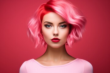 a macro close-up studio fashion portrait of a face of a young woman with perfect skin, short pink hair and immaculate make-up. Pink background. Skin beauty and hormonal female health concept