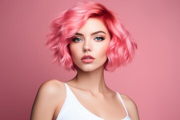 a macro close-up studio fashion portrait of a face of a young woman with perfect skin, short pink hair and immaculate make-up. Pink background. Skin beauty and hormonal female health concept