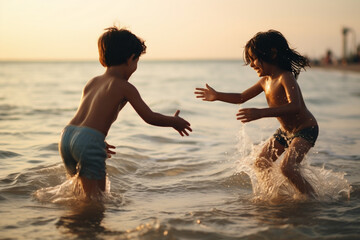 A boy and a girl are playing in the ocean - obrazy, fototapety, plakaty