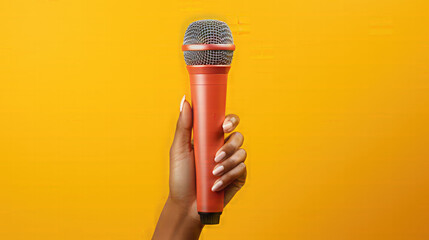 Female Hand holding Microphone. Isolated on yellow Background