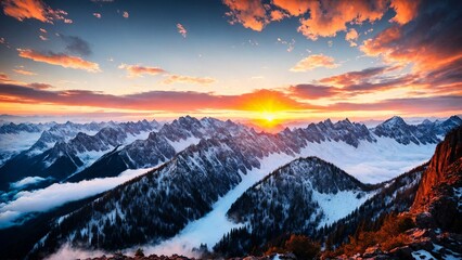 Fototapeta na wymiar Stunning sunrise in the mountains, warm light. Generative AI,
