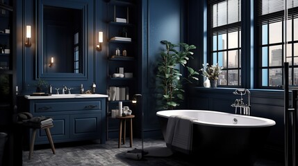 Bathroom, dark blue monochrome colors. Interior design