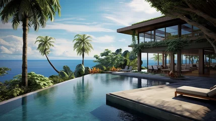 Abwaschbare Fototapete luxury bali villa with sea views, sunbeds and swimming pool. traveling asia, summer vacation. AI © yana136