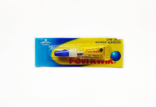 Guwahati, Assam, India - October 27, 2023 : One drop instant adhesive Fevi Kwik mini pack from Pidilite Industries Ltd. 