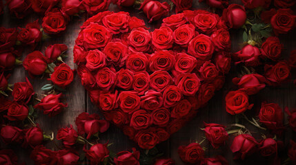 Red roses in shape of a Heart on a brown wood background