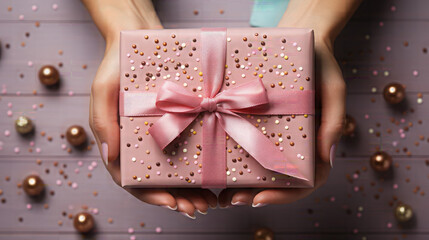 Woman's Hands Holding gift or present box decoration confetti isolated on pink background