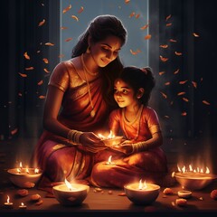 Obraz na płótnie Canvas Diwali Indian happy mother and daughter