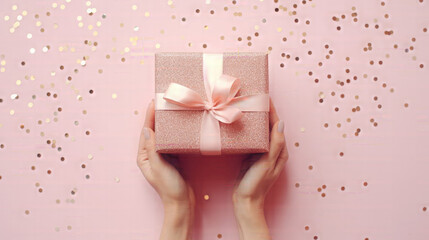 Woman's Hands Holding gift or present box decoration confetti isolated on pink background