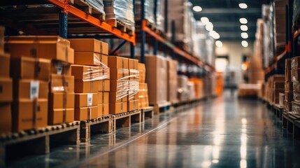 
Retail warehouse full of shelves with goods in cartons, with pallets and forklifts. Logistics and transportation blurred background. Product distribution center. - obrazy, fototapety, plakaty