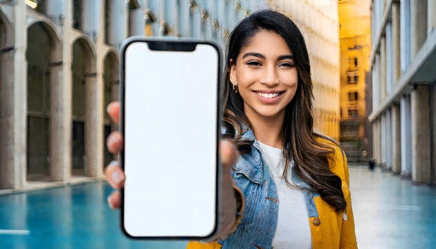 Happy young woman holding mobile phone in hand showing cellphone display
