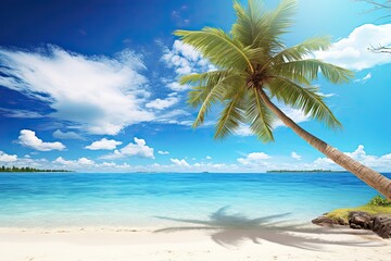 Fototapeta na wymiar A Calm Beach with Palm Tree - Swaying in the Breeze - Serene Coastal Image