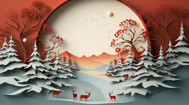 A Colorful Paper Cut Christmas Background, In The Style Of Tranquil Landscapes.