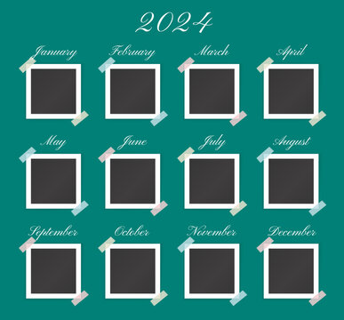 Template of photo frames for 2024 year. Mockup of blank pictures and images with stickers and months for album layout design, vector illustration