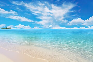 Fototapeta na wymiar A Panorama of a Beautiful White Sand Beach Under Blue Skies: Captivating Coastal Beauty