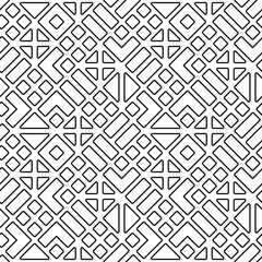 Abstract background with outline geometric pattern. Modern seamless pattern with simple minimal ornament of black squares and triangles on white background, vector illustration