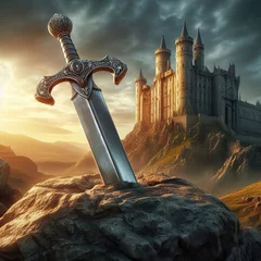 Foto op Plexiglas Excalibur. The mythical sword in the stone. Camelot castle on background. © Claudio Caridi