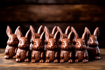 group of chocolate Easter bunnies are arranged around a wooden surface,