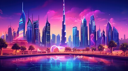 Postcard with Dubai, neon style - obrazy, fototapety, plakaty