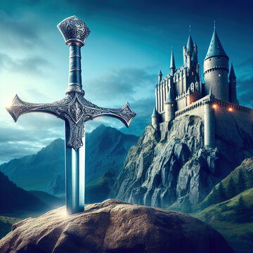 Excalibur. The mythical sword in the stone. Camelot castle on background.
