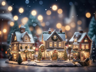 Fototapeta na wymiar Christmas miniature scene of cozy town with flock background