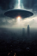 Enormous alien mothership looming over a futuristic city skyline, extraterrestrial invasion